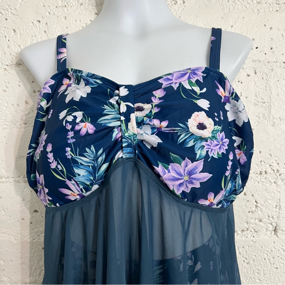 Shein Womens Swimsuit 3XL Blue Floral Sheer Overlay Shorts Removable Cups F1 - Picture 2 of 5